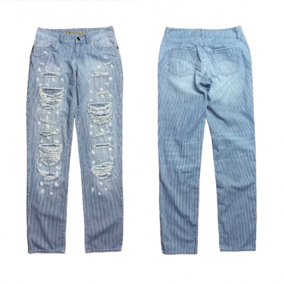 Y2K Delia’s Women’s Striped Distressed Jeans Size 1/2R - Picture 3 of 5
